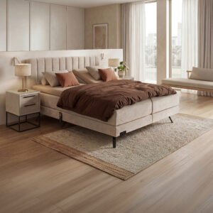 Boxspring Caresse 3400 met modern hoofdbord en open voeteneinde, biedt luxe slaapcomfort en aanpasbare opties.