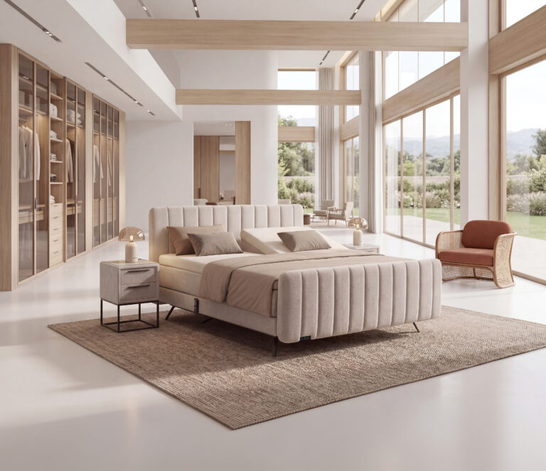 Boxspring Caresse 3410 met gratis voetbord, luxe topper en ergonomische pocketverenmatrassen, verkrijgbaar bij Slaapstudio Ei