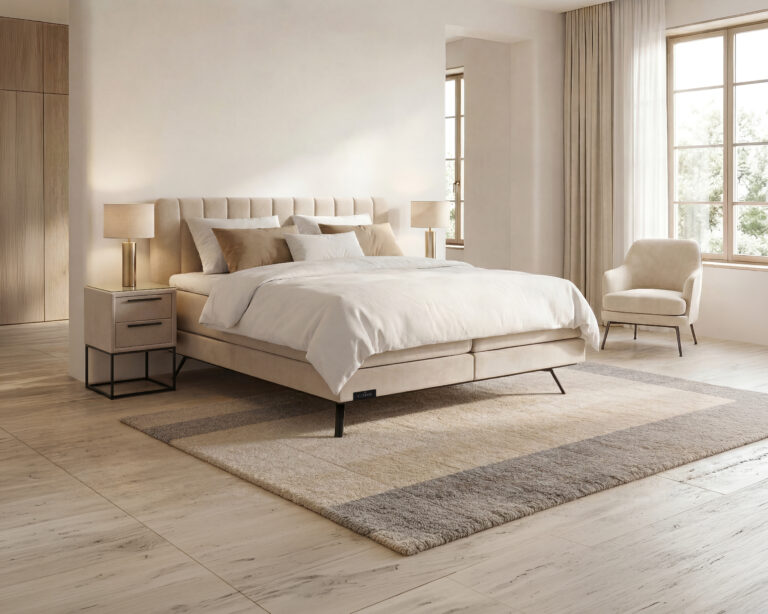 Boxspring Caresse 3450 met vlak hoofdbord en open voeteneinde in een moderne slaapkamer.