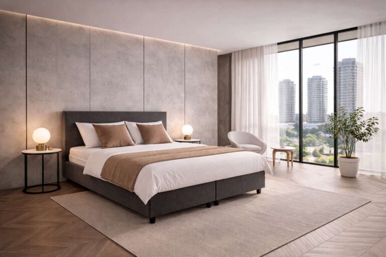 Boxspring Bussum in moderne slaapkamer, gestoffeerde box met Royal Comfort matras, hoofdbord gelijk aan bedbreedte.