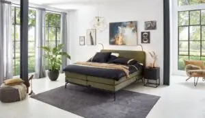 Elektrische Caresse Boxspring 3000 met gestoffeerd hoofdbord en verstelbare matrassen in een moderne slaapkamer.