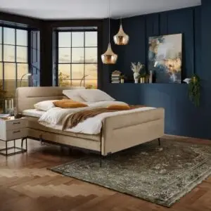 Boxspring Caresse 3310 elektrische tweepersoonsbed met gratis voetbord, gestoffeerd in grijs, hoofdbord en verstelbare matras
