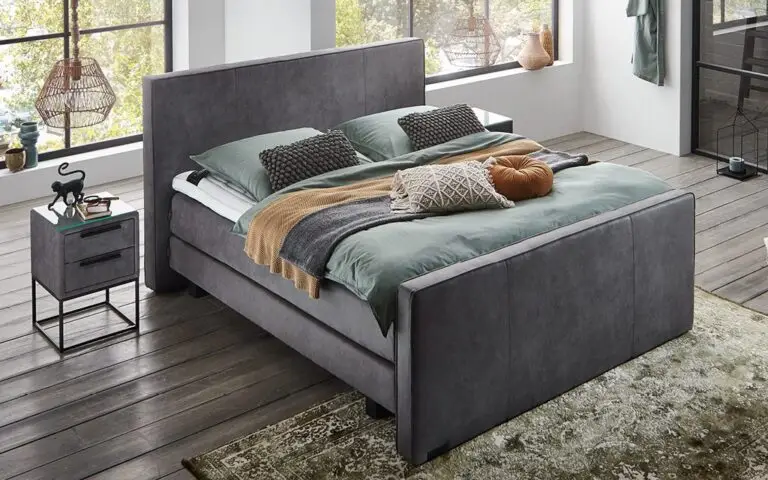 Boxspring Caresse 6060 met gratis voetbord, grijze bekleding, tweepersoons, hoofdbord, matras, geschikt voor diverse maten