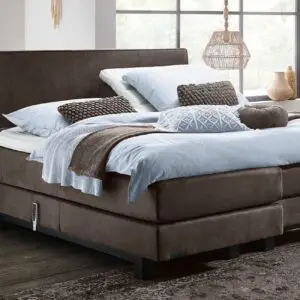 Boxspring Caresse 6000 tweepersoons in grijze stof met hoofdbord en gestoffeerde matras, formaat 180x200 cm