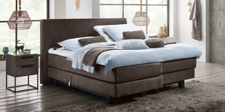 Boxspring Caresse 6000 tweepersoons in grijze stof met hoofdbord en gestoffeerde matras, formaat 180x200 cm