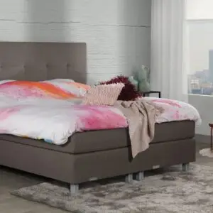 Boxspring Caresse 9750 in grijze stof met hoofdbord en twee matrassen, beschikbaar in verschillende maten tot 200x210 cm
