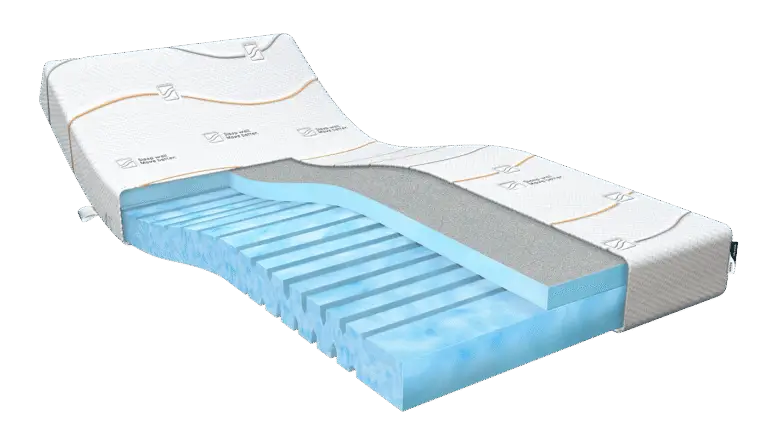 M Line matras Cool Motion 1 met witte hoes en blauwe accenten op een bedframe in een lichte slaapkameromgeving