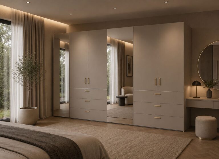 Draaideurkast Edelweiss met lade-element in wit, hoogte 220 cm, strak design met modulaire indeling en aanpasbare afwerking.