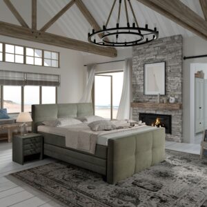 Boxspring Norma Timeless, 120 cm breed, grijs gestoffeerd, met hoofdbord en metalen pootjes, geschikt voor senioren.